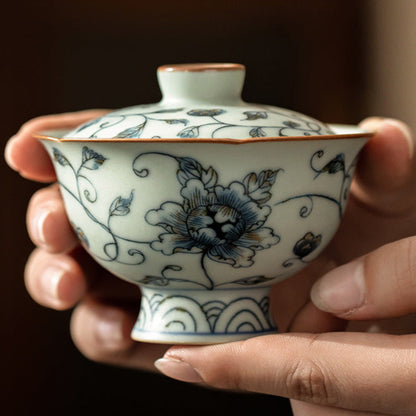 Flower Shape Ceramic Gaiwan with Peony Flower Design 100ml