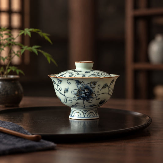 Flower Shape Ceramic Gaiwan with Peony Flower Design 100ml