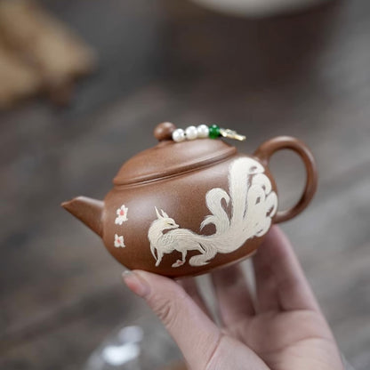 Fox Shuiping Yixing Teapot, Nine-Tailed Fox Clay Painting 160ml