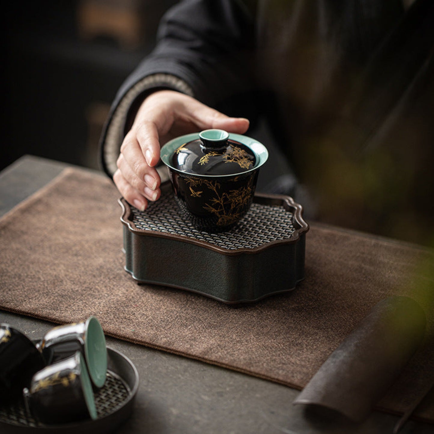 black and blue gaiwan with golden bamboo paint design 