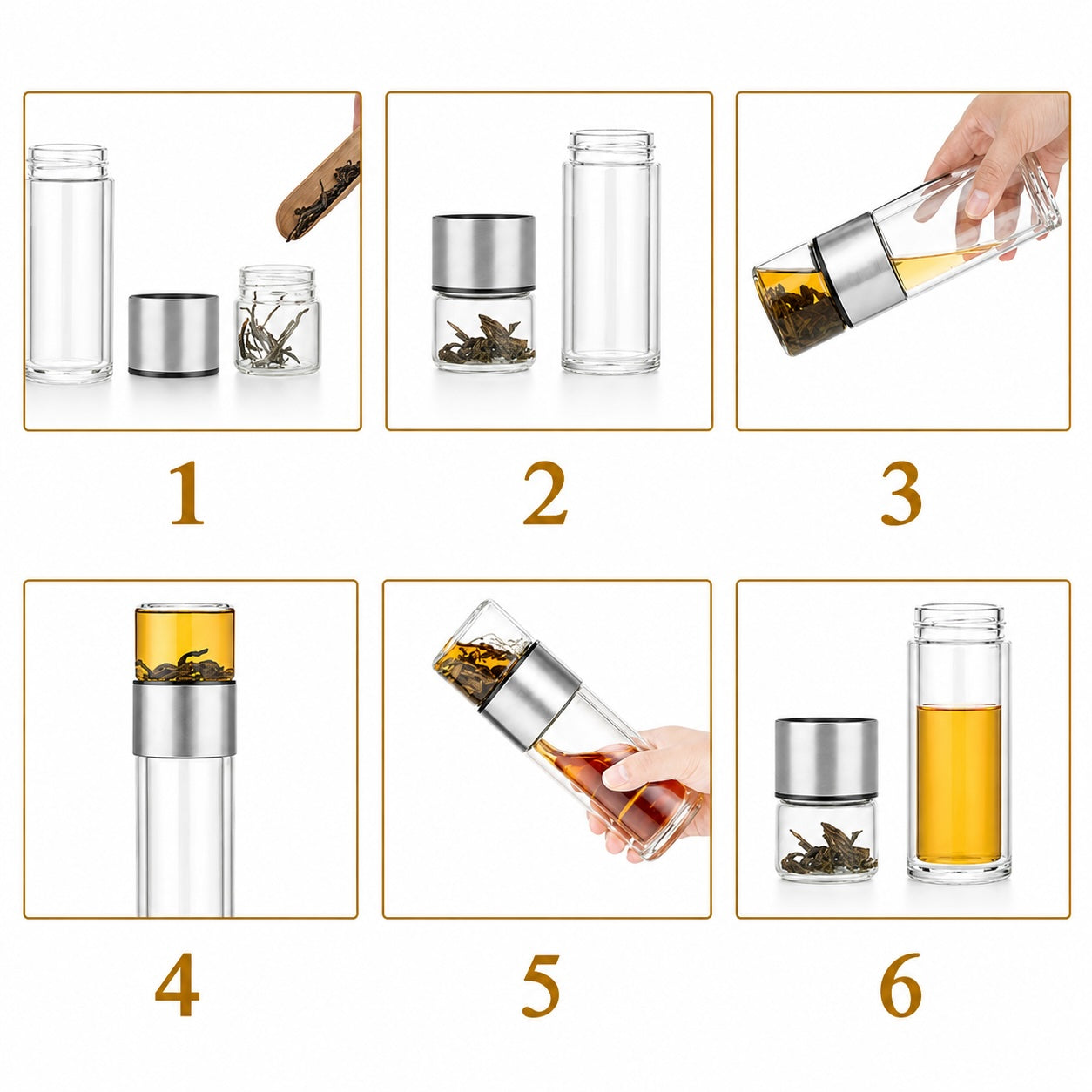 Double Wall Glass Tea Tumbler with Infuser/Storage, Silver 238ml
