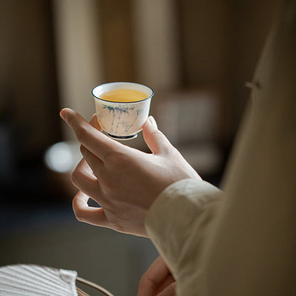 White Blue Gongfu Tea Cup, Hand-Painted Bamboo, Jade Porcelain 50ml
