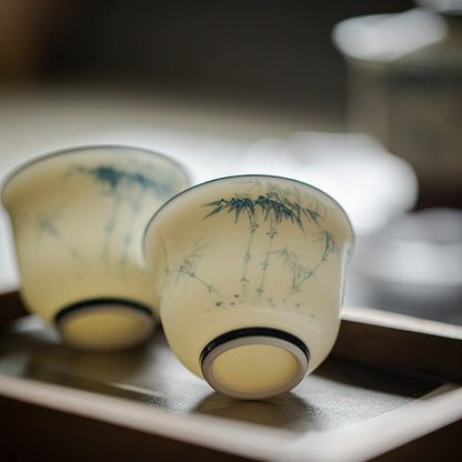 White Blue Gongfu Tea Cup, Hand-Painted Bamboo, Jade Porcelain 50ml