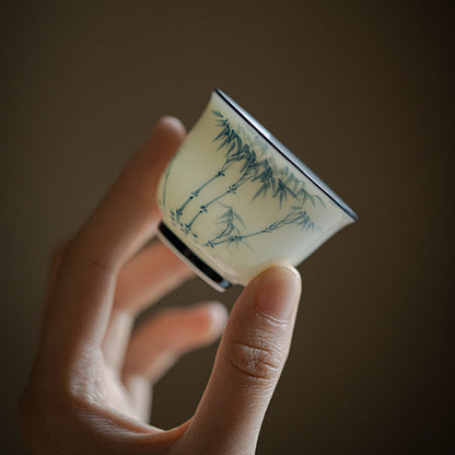 White Blue Gongfu Tea Cup, Hand-Painted Bamboo, Jade Porcelain 50ml