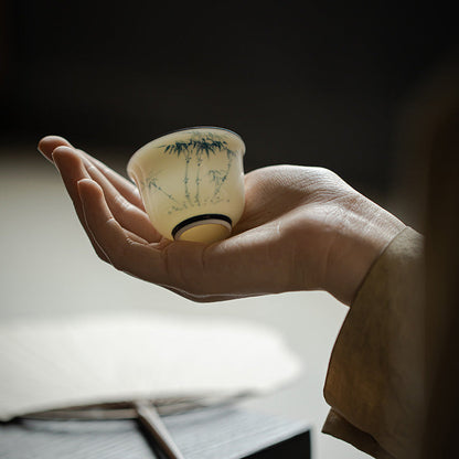White Blue Gongfu Tea Cup, Hand-Painted Bamboo, Jade Porcelain 50ml