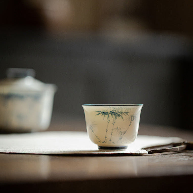White Blue Gongfu Tea Cup, Hand-Painted Bamboo, Jade Porcelain 50ml