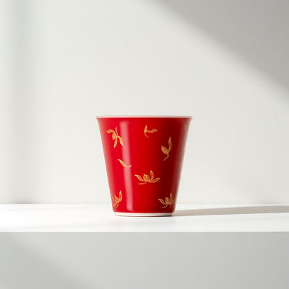 Porcelain Cup, Red Glaze with Golden Orchids, 40ml