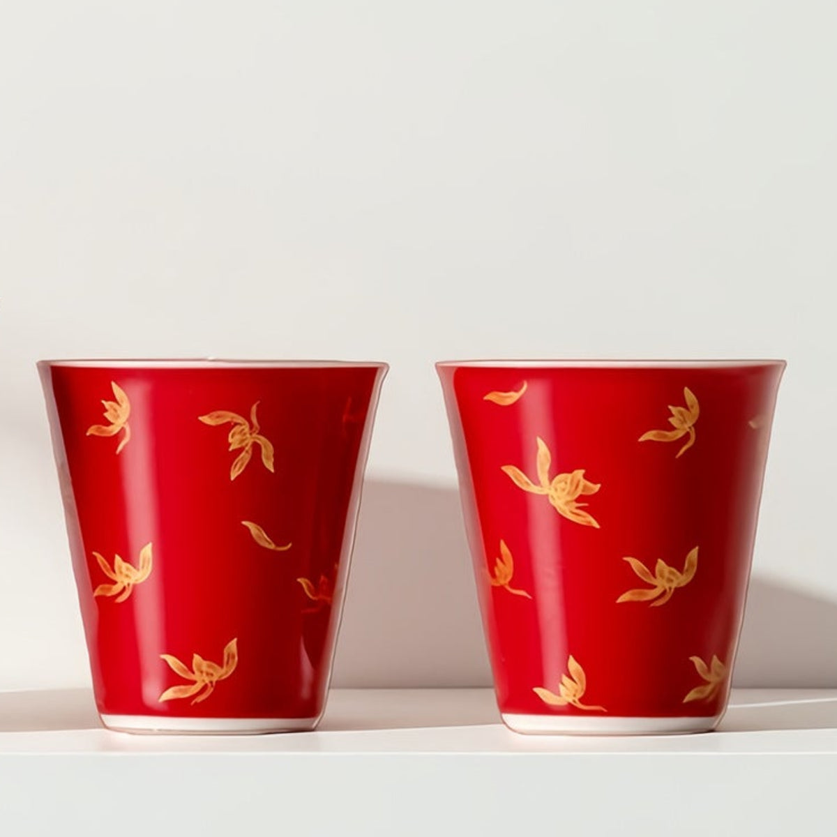 Porcelain Cup, Red Glaze with Golden Orchids, 40ml