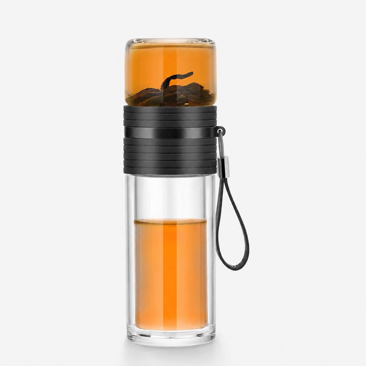 Dvojitá skleněná čajová nádoba s infuzérem/úložným prostorem, černá 238 ml