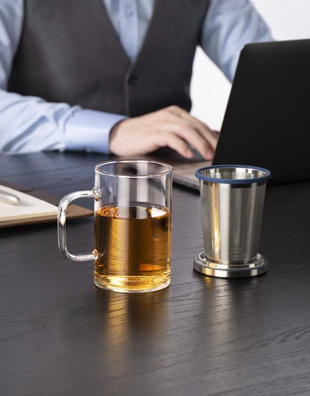 Glass Tea Mug, Stainless Steel Filter with Silicone Finish & Lid