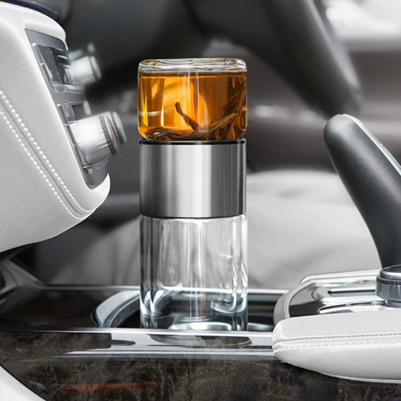 Dvojitá skleněná čajová nádoba s infuzérem/úložným prostorem, stříbrná 238 ml