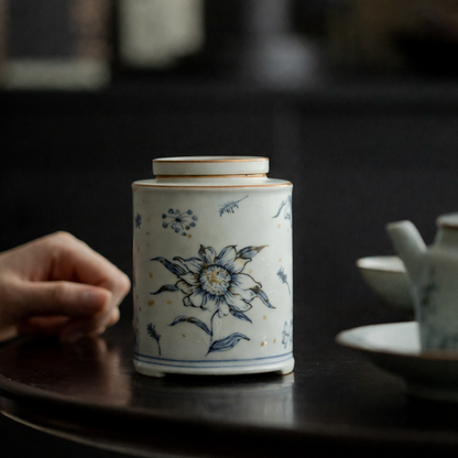 Modrý keramický čajový dóza Slnečnica