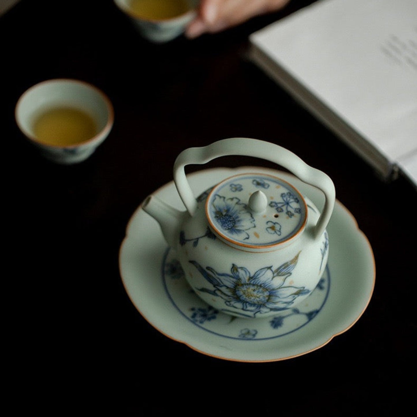 Modrý keramický čajník Gongfu s vrchným držadlom 170 ml