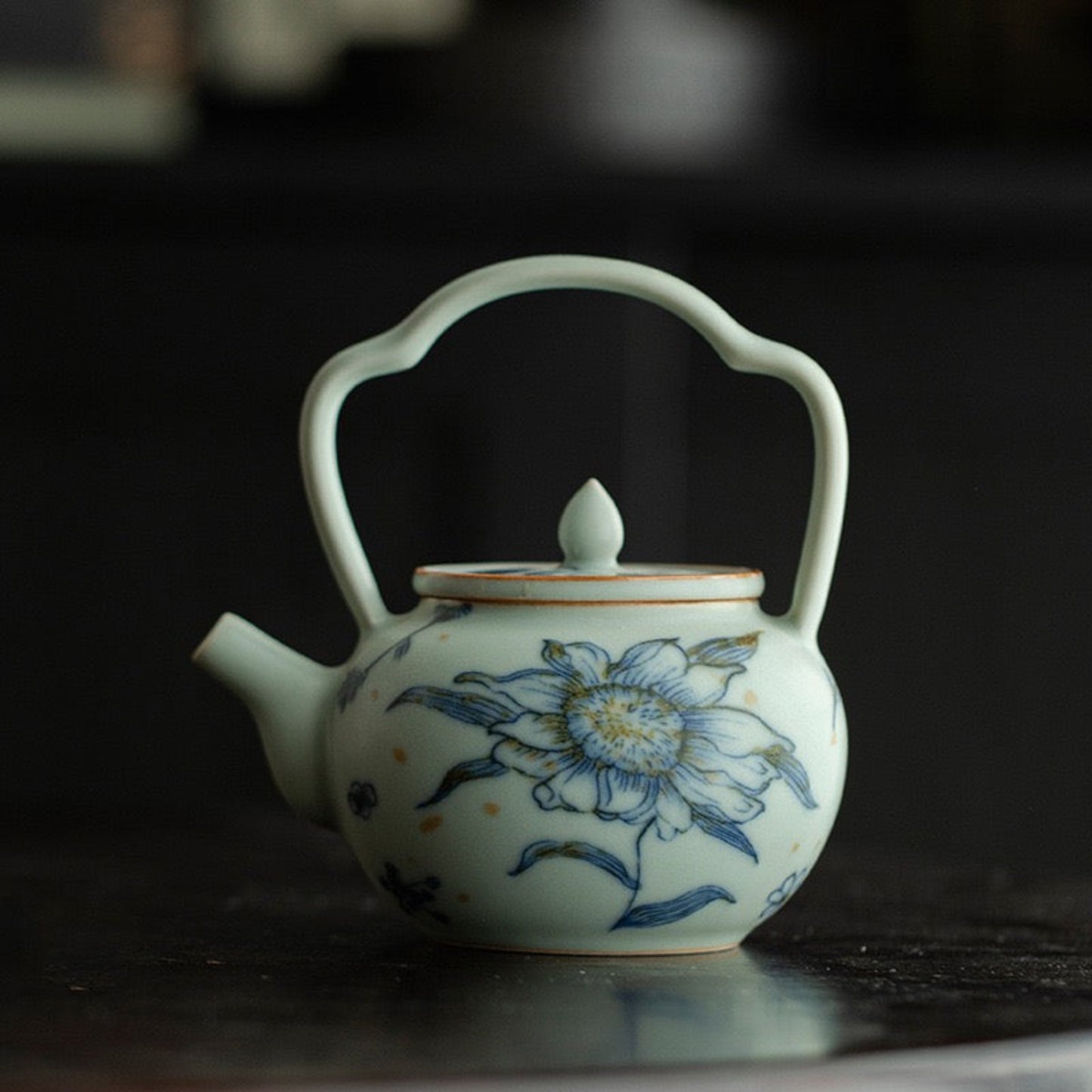 Modrý keramický čajník Gongfu s vrchným držadlom 170 ml