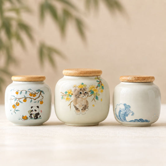 Ceramic Chinese Tea Caddy for Loose Tea with Bamboo Lid