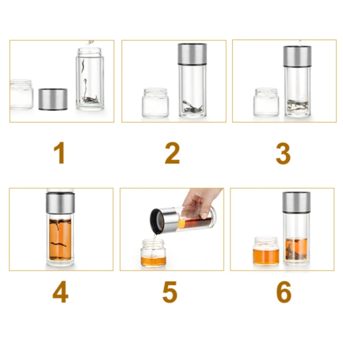 Dvojitá skleněná čajová nádoba s infuzérem/úložným prostorem, stříbrná 238 ml