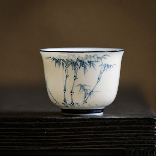 White Blue Gongfu Tea Cup, Hand-Painted Bamboo, Jade Porcelain 50ml