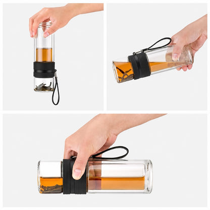 Dvojitá skleněná čajová nádoba s infuzérem/úložným prostorem, černá 238 ml