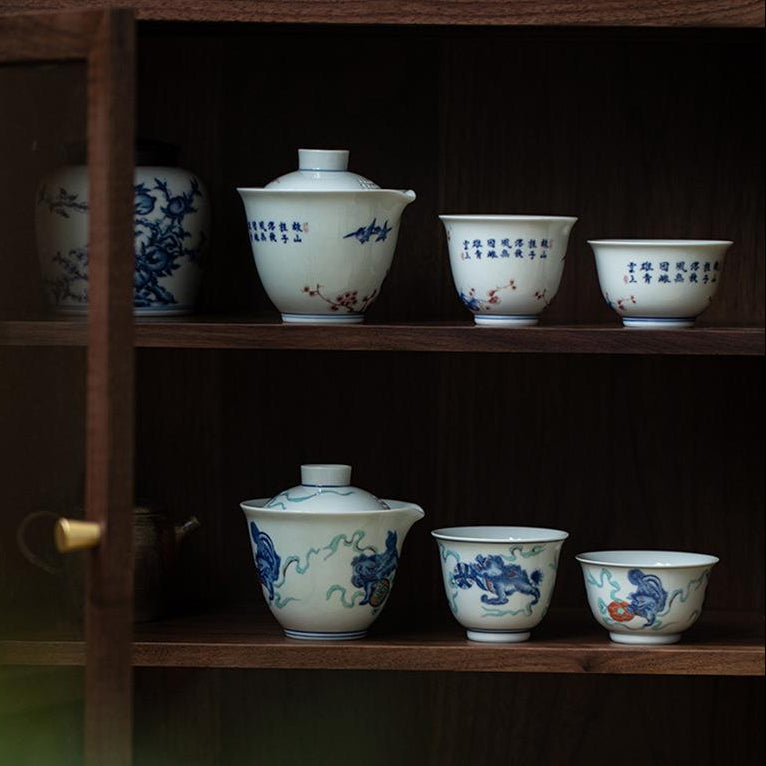 cupboard with easy gaiwans and cups for loose leaf tea