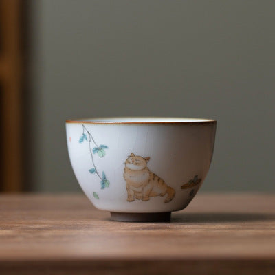Tasse à Thé de Chat de Four Ru avec Glaçure Craquelée