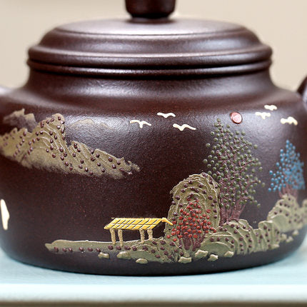 Juego de té Yixing grande de arcilla morada + 2 tazas con arte paisajístico, Lei Fan 260 ml