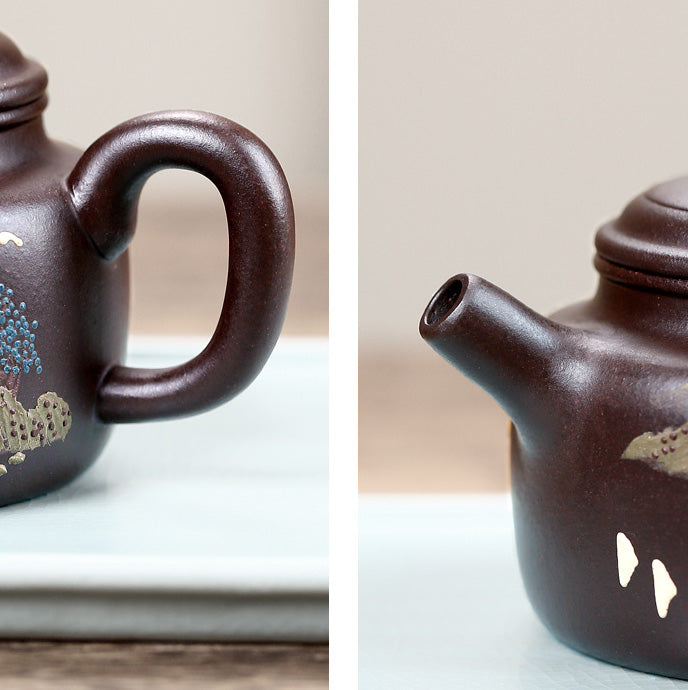 Grande set da tè Yixing in argilla viola + 2 tazze con arte del paesaggio, Lei Fan 260 ml