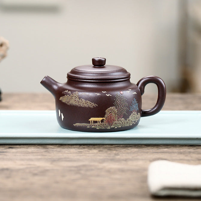 大号宜兴紫砂壶+ 2个茶杯 泥绘山水 范磊 260ml
