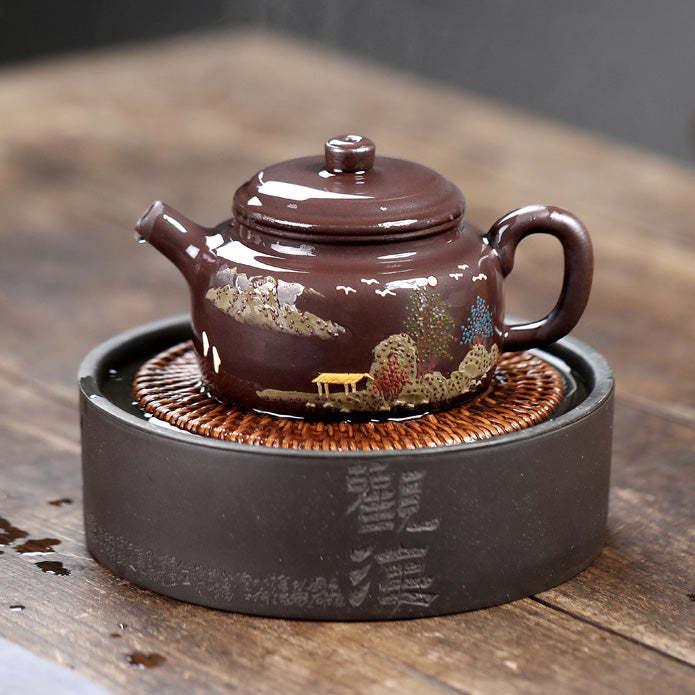 Juego de té Yixing grande de arcilla morada + 2 tazas con arte paisajístico, Lei Fan 260 ml