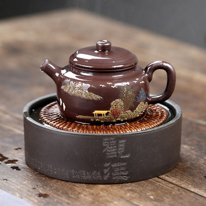Großes Yixing-Teeset aus lila Ton + 2 Tassen mit Landschaftskunst, Lei Fan 260 ml