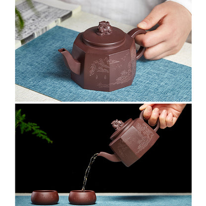 Purple Clay Yixing Teapot 'Octagon Lion' by Yu Hua Li 360ml